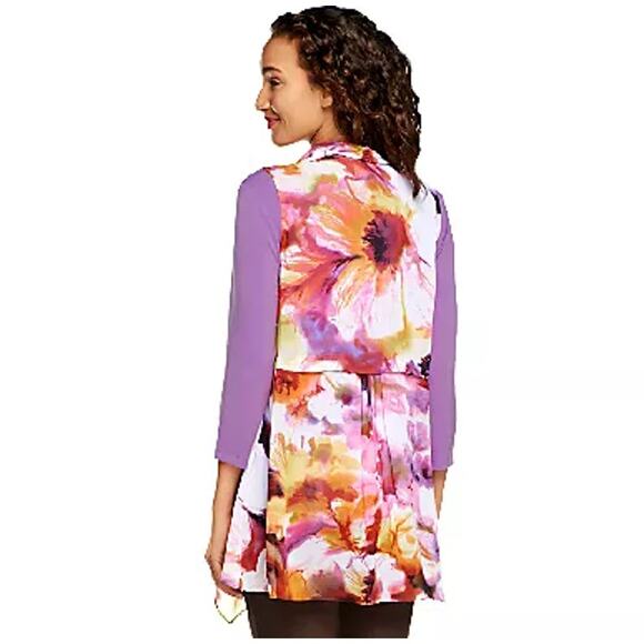 Susan Graver Vest Womens 1X Chiffon Floral or Swim Cover-Up Pink Floral Whimsy - Picture 2 of 12